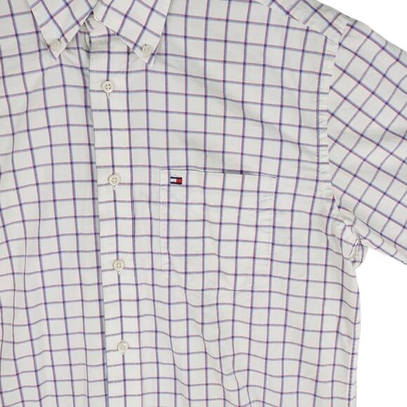 Vtg Y2K TOMMY HILFIGER Men's S Red White Blue Check Short Slv Button Down Shirt - Picture 4 of 5